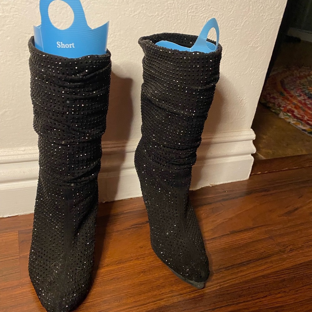 Black Heeled Boots with Sparkly Knit and Stiletto Heel